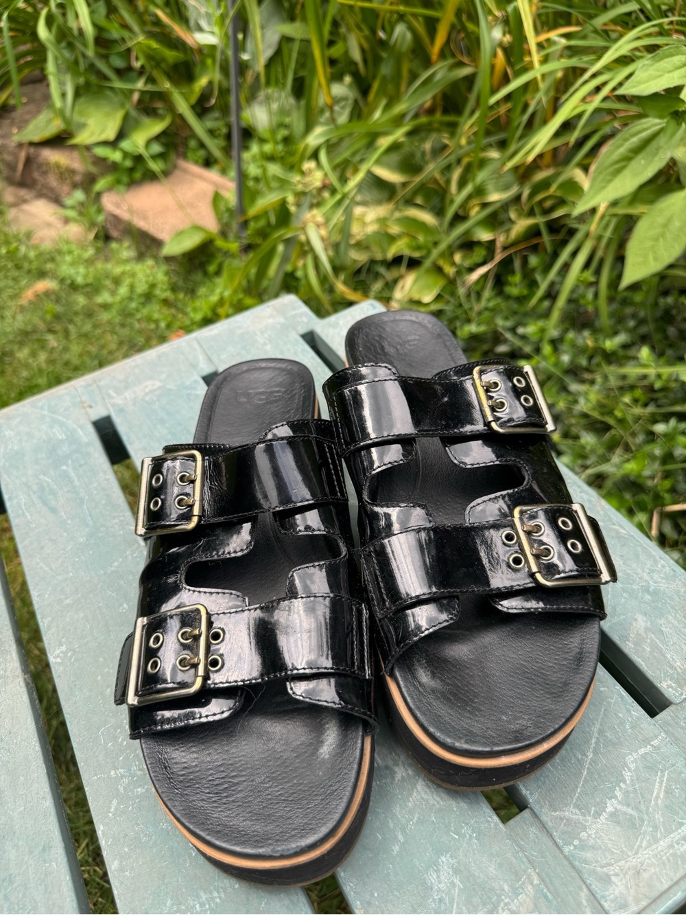 Ugg Platform Black Shinny Leather Double-Buckle Slide On Sandals